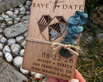 Modern Save the Dates Magnet Eucalyptus | 100% Birch Wood, Engraved