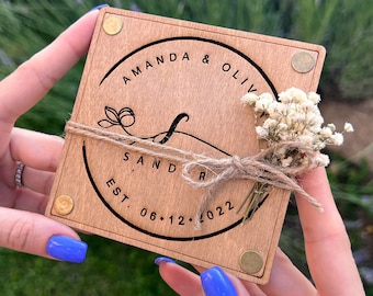 Personalized Wood Wedding Coasters with Gypsophila, Rustic Wedding Favors