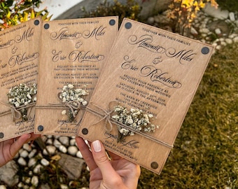 Baby's Breath Wedding Invitation Set - Engraved Luxury Birch Wooden Cards