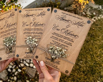 Baby's Breath Wedding Invitation Set - Engraved Luxury Birch Wooden Cards