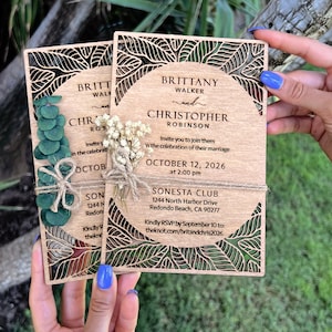 Eucalyptus Floral Tropical Wedding Invitation - Beach Weddings - Laser Cut Wooden Wedding Invitations