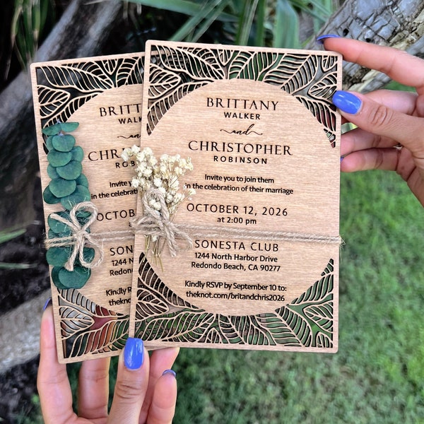 Eucalyptus Floral Tropical Wedding Invitation - Beach Weddings - Laser Cut Wooden Wedding Invitations