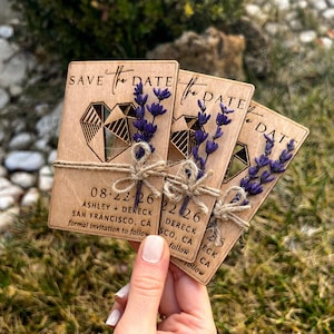 Lavendel Save the Date-magneet, lasergesneden Save the Date-magneten van hout, magnetische kaarten van echt berkenhout