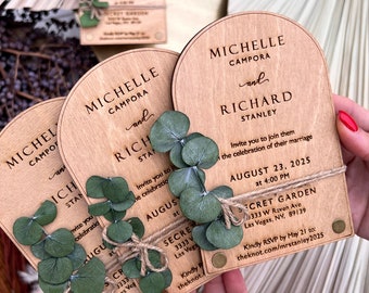 Eucalyptus Wooden Wedding Invitation Set, Rustic Wedding Invitations - Arch Greenery Wedding Invitation