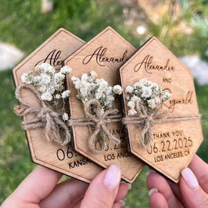 Hexagon Floral Wedding Favors - Magnetic & Gypsophila Flower Twined | 100% Birch Wooden Party Favor