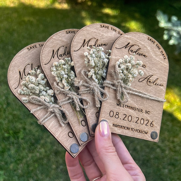 Rustic Wedding Save the Date Magnet - Save the Dates | Wooden Card Magnets with Gypsophila Twine