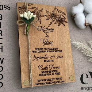 Lily & Wood Wedding Invitation Set, Rustic Wedding Invitation - Wooden Wedding Invitations - Flower Twined