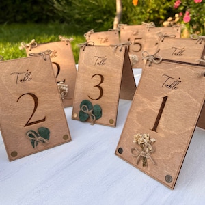 Eucalyptus & Floral Wood Wedding Table Numbers, Rustic Wedding Wooden Table Numbers, 100% Birch Wood Double-sided 4x6''