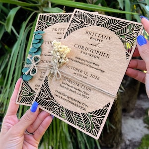 Eucalyptus Floral Tropical Wedding Invitation Beach Weddings Laser Cut Wooden Wedding Invitations image 3