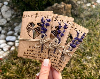 Lavender Save the Date Magnet, Save the Dates Magnets Wooden Laser-Cut, Real Birch Wooden Magnetic Cards