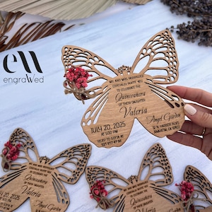Wooden Butterfly Quinceanera Invitations, Birthday Invitation, Sweet 16, Pink Flower Twined