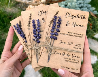 Set di inviti di nozze in legno e lavanda, inviti di nozze lavanda - Inviti di nozze viola o bordeaux