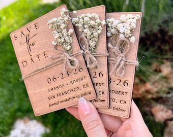 Aimant "Retenez cette date" floral en bois - Magnets de mariage modernes "Retenez ces dates" 100 % bois de bouleau