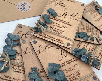 Suite de faire-part de mariage eucalyptus - Cartes en bois de luxe avec enveloppes