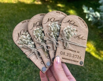 Aimant "Retenez cette date" pour mariage rustique - Réservez vos dates | Cartes aimantées en bois avec ficelle de gypsophile