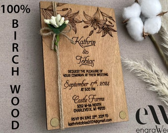 Lily & Wood Wedding Invitation Set, Rustic Wedding Invitation - Wooden Wedding Invitations - Flower Twined