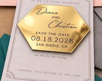 Gold Mirror Save the Date Magnet - Backing Card with Hexagon Wedding Acrylic, Envelope & Wax Seal