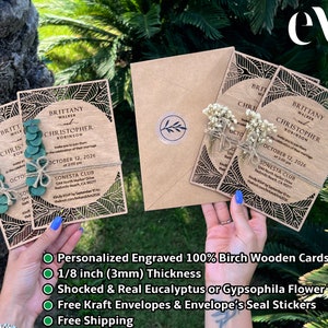 Eucalyptus Floral Tropical Wedding Invitation Beach Weddings Laser Cut Wooden Wedding Invitations image 2