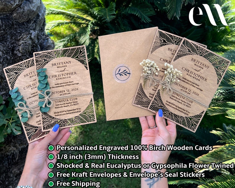 Eucalyptus Floral Tropical Wedding Invitation Beach Weddings Laser Cut Wooden Wedding Invitations image 2