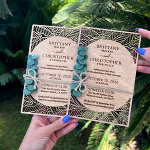 Eucalyptus Floral Tropical Wedding Invitation Beach Weddings Laser Cut Wooden Wedding Invitations image 10