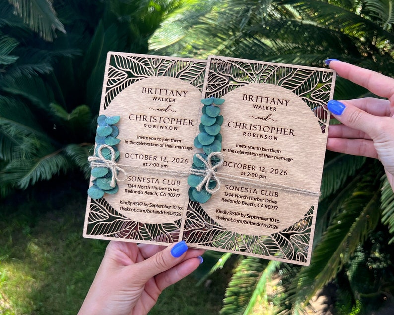 Eucalyptus Floral Tropical Wedding Invitation Beach Weddings Laser Cut Wooden Wedding Invitations image 10