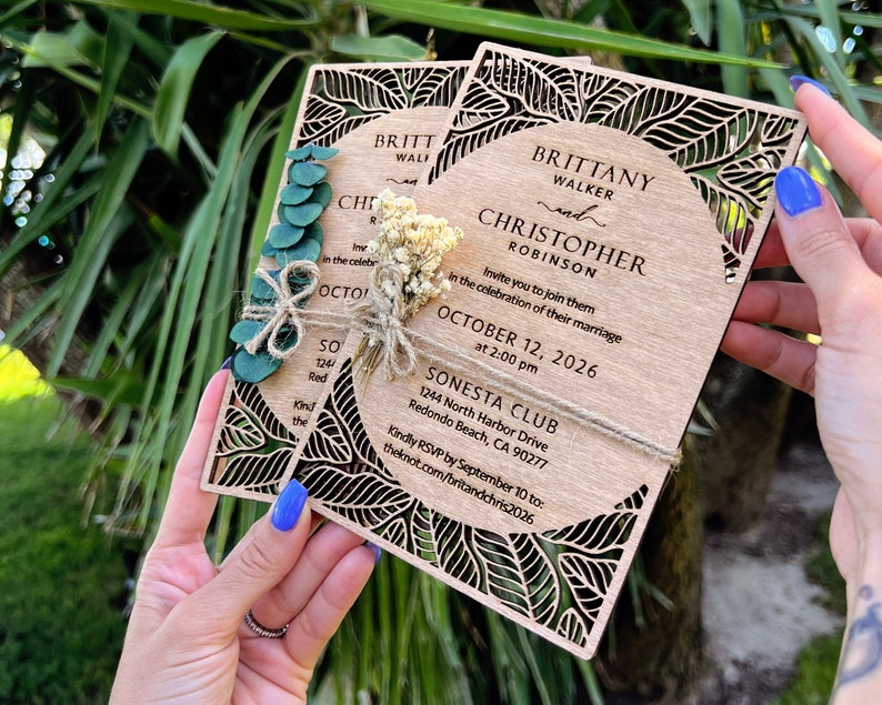 Eucalyptus Floral Tropical Wedding Invitation Beach Weddings Laser Cut Wooden Wedding Invitations image 3