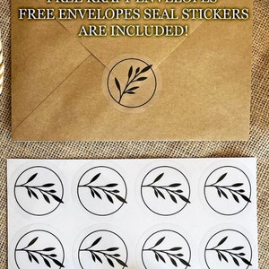 May include: A brown kraft envelope with the text "FREE KRAFT ENVELOPES FREE ENVELOPES SEAL STICKERS ARE INCLUDED!" printed on the front. The envelope has a clear circle sticker with a black twig design on the front. A sheet of 8 white circle stickers with black twig designs is shown below the envelope.