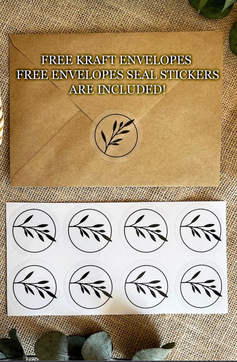 May include: A brown kraft envelope with the text "FREE KRAFT ENVELOPES FREE ENVELOPES SEAL STICKERS ARE INCLUDED!" printed on the front. The envelope has a clear circle sticker with a black twig design on the front. A sheet of 8 white circle stickers with black twig designs is shown below the envelope.