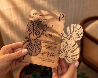 Monstera Wood Wedding Invitation | Tropical Leaf Engraved Invites (Includes Envelopes)