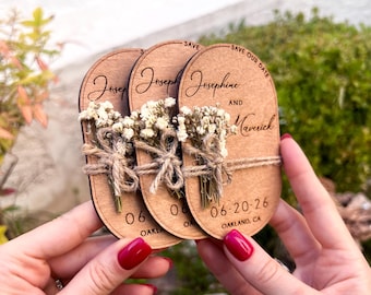 Minimalist Save the Date Magnet - Wooden Wedding Magnets - 100% Natural Wood & Botanical Save the Dates