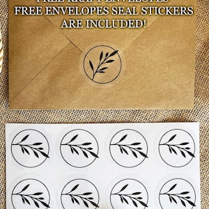 May include: A brown kraft envelope with the text "FREE KRAFT ENVELOPES FREE ENVELOPES SEAL STICKERS ARE INCLUDED!"  The envelope has a clear circle sticker with a black twig design.  There are eight additional clear circle stickers with the same twig design on a white sheet.