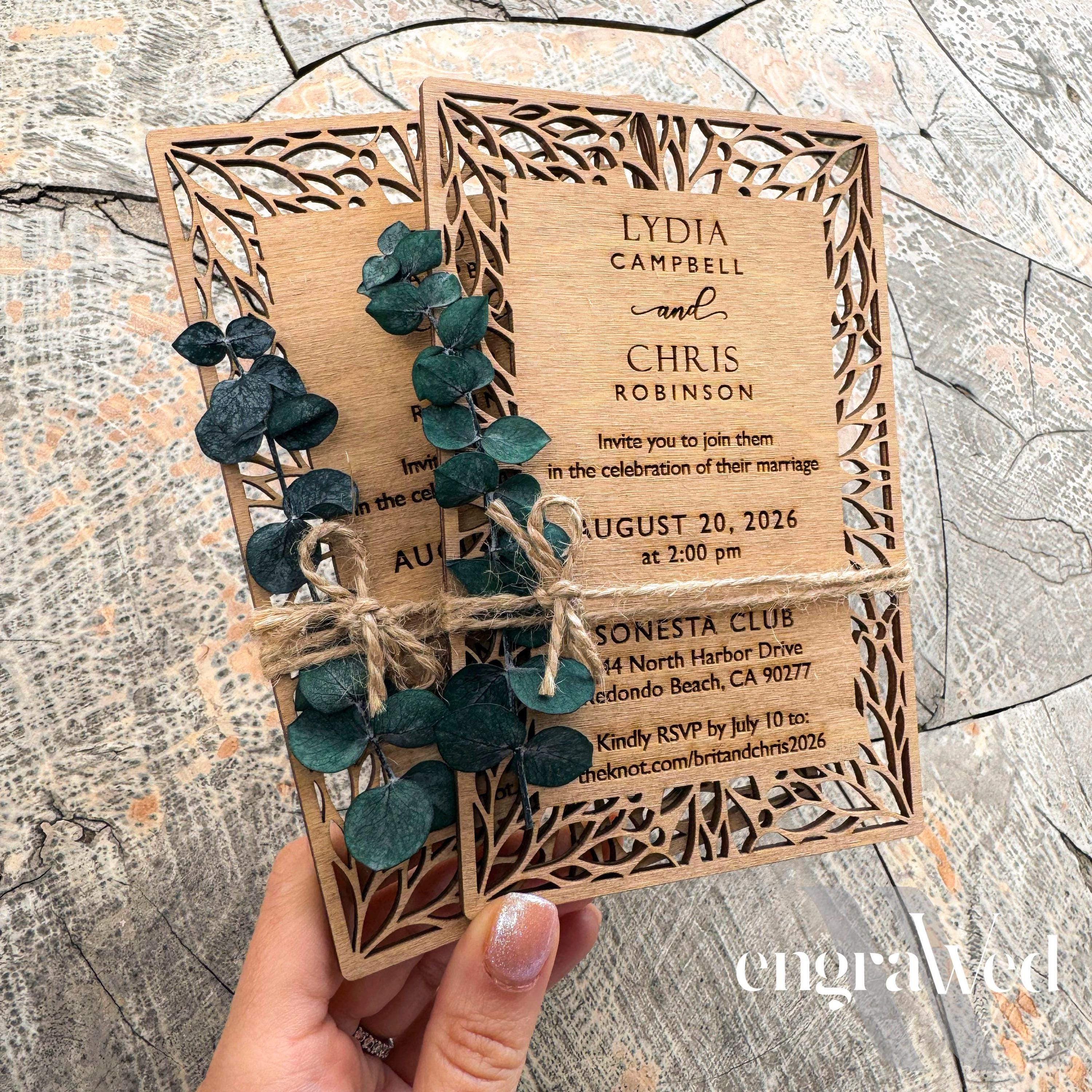 Eucalyptus & Birch Wedding Invitations, Rustic Wedding Invitation Set | 100% Wood Invites with Free Envelopes and Stickers