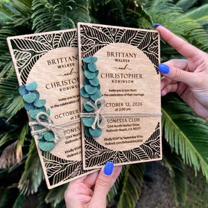 Eucalyptus Floral Tropical Wedding Invitation Beach Weddings Laser Cut Wooden Wedding Invitations image 8