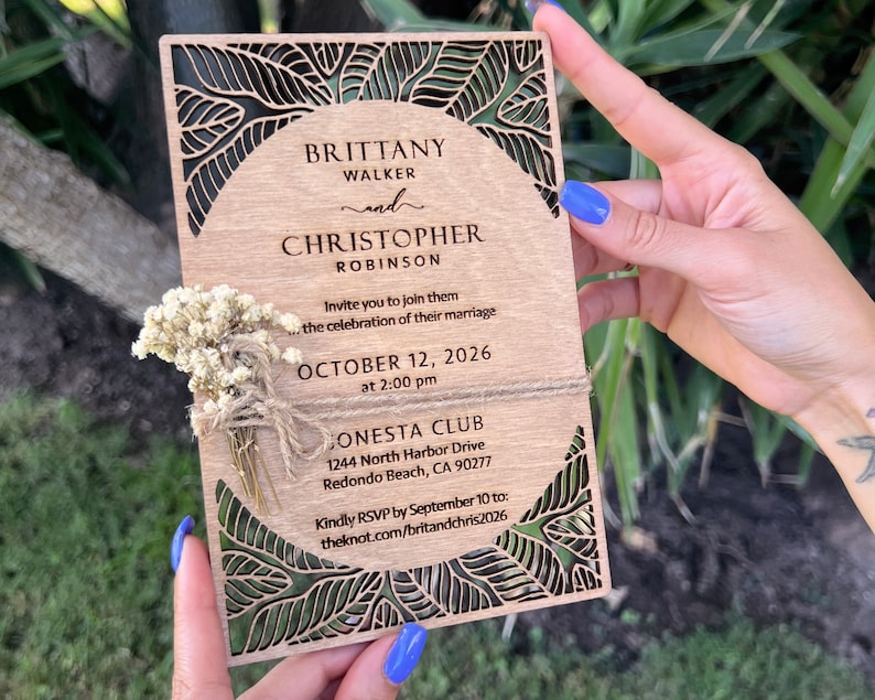 Eucalyptus Floral Tropical Wedding Invitation Beach Weddings Laser Cut Wooden Wedding Invitations Off-white Flower