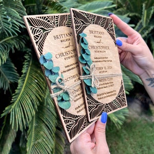 Eucalyptus Floral Tropical Wedding Invitation Beach Weddings Laser Cut Wooden Wedding Invitations Eucalyptus