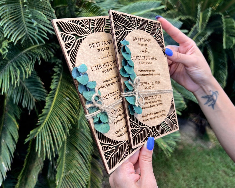 Eucalyptus Floral Tropical Wedding Invitation Beach Weddings Laser Cut Wooden Wedding Invitations Eucalyptus