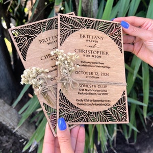 Eucalyptus Floral Tropical Wedding Invitation Beach Weddings Laser Cut Wooden Wedding Invitations image 6