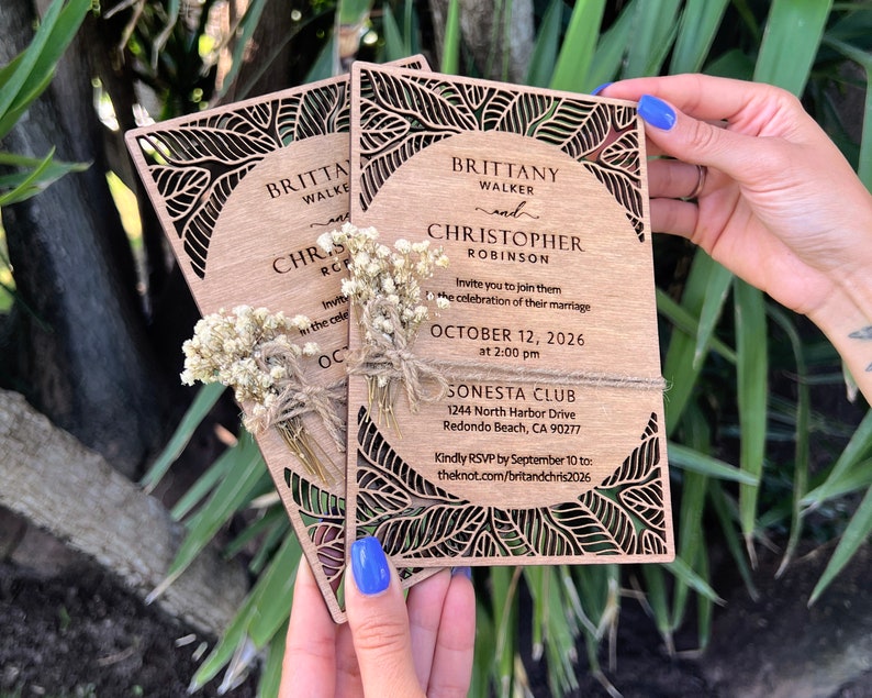 Eucalyptus Floral Tropical Wedding Invitation Beach Weddings Laser Cut Wooden Wedding Invitations image 6