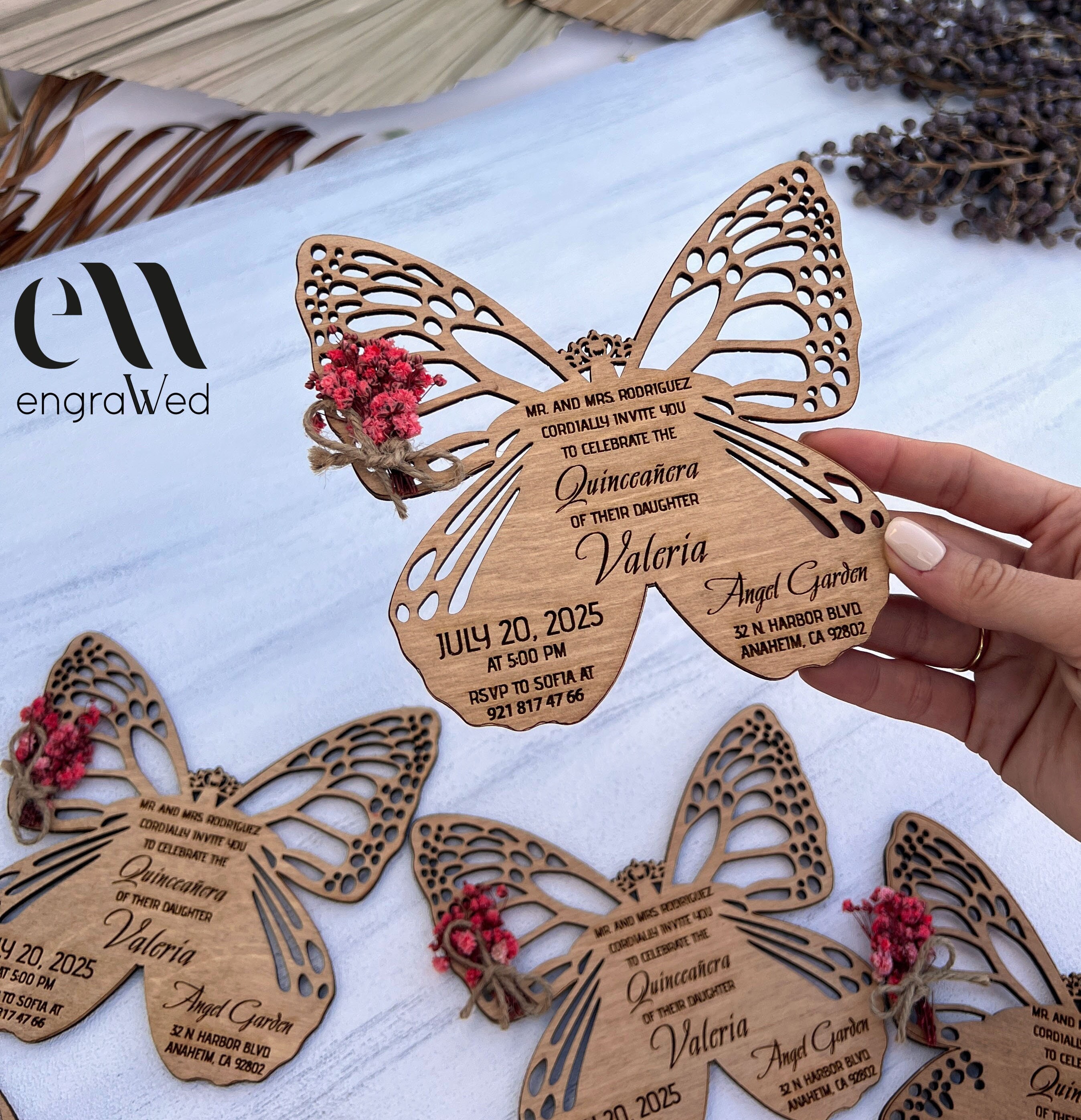 Wooden Butterfly Quinceanera Invitations, Birthday Invitation, Sweet 16,  Pink Flower Twined - Etsy, image size:2696x2793