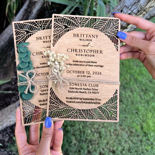 Eucalyptus Floral Tropical Wedding Invitation - Beach Weddings - Laser Cut Wooden Wedding Invitations