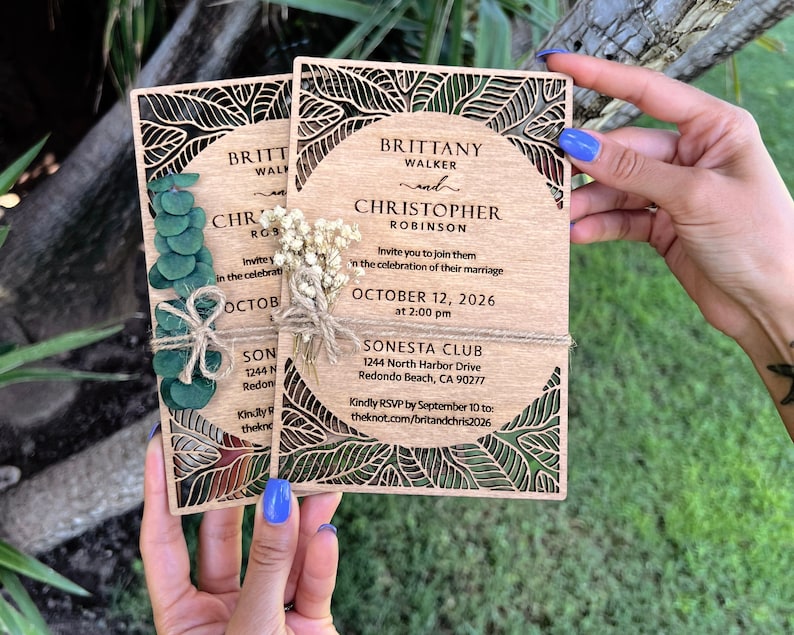 Eucalyptus Floral Tropical Wedding Invitation Beach Weddings Laser Cut Wooden Wedding Invitations image 1