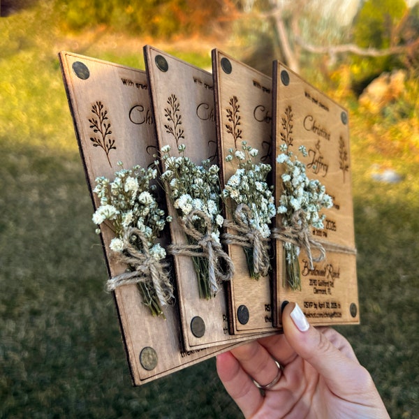 Gypsophila & Wood Wedding Invitation, Rustic Wedding Invitations with FREE Envelopes and Stickers