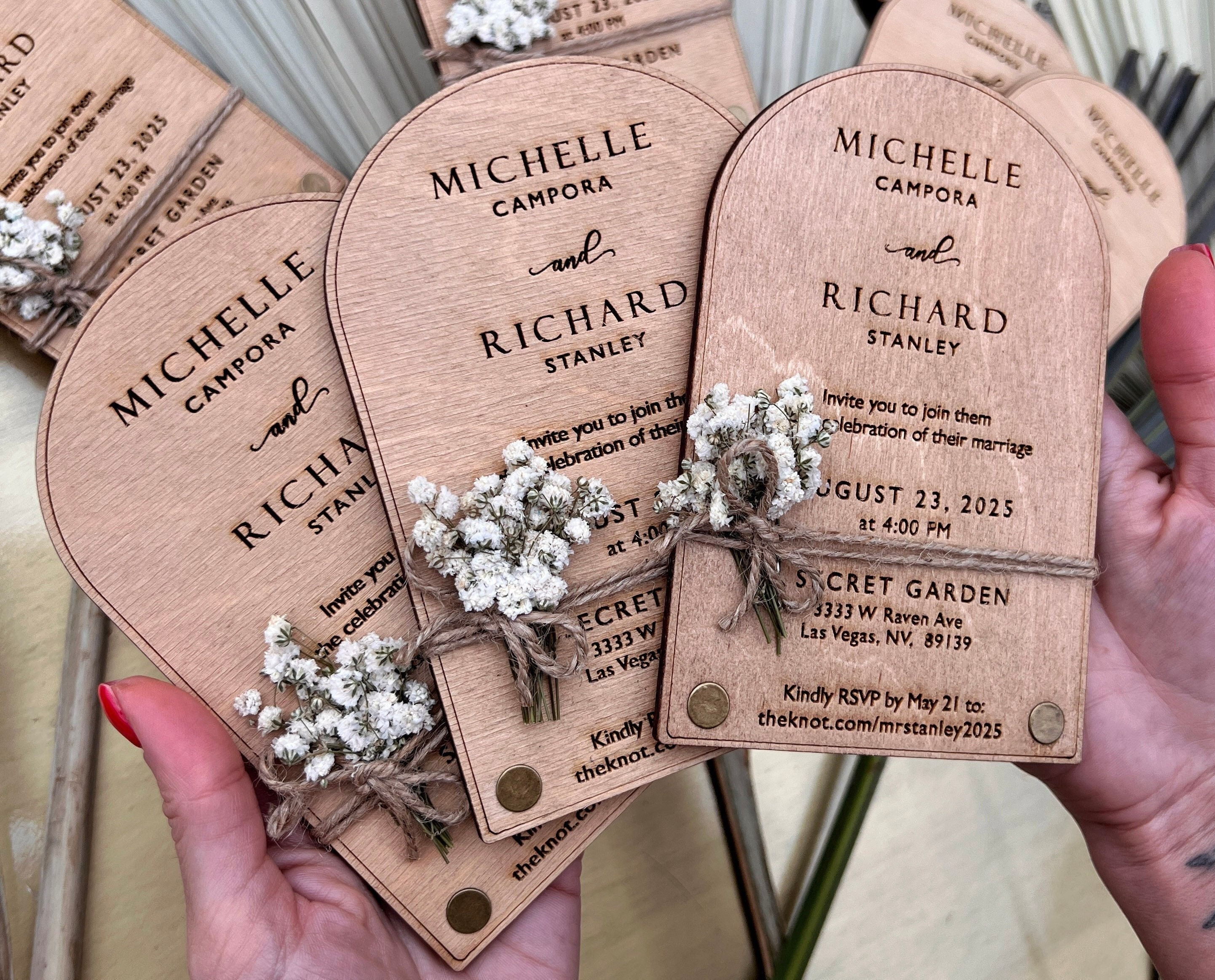 Wood Gypsophila Wedding Invitation Set | Wedding Invitations - 100% Birch Engraved Cards