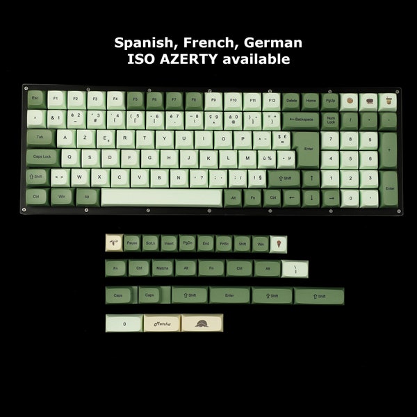Green Matcha Keycaps, Custom Keycap Set, Spanish German French ISO AZERTY Keycaps, Pbt Zda Profile for Mechanical Keyboard Gaming Setup