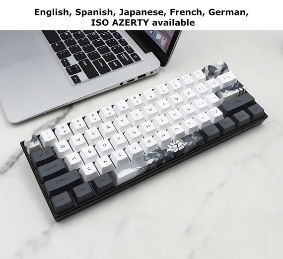 Lotus Ink Flower Theme Spanish German French Japanese Keycaps, ISO AZERTY  Layout, OEM Profile White Keycaps for Mechanical Keyboard 