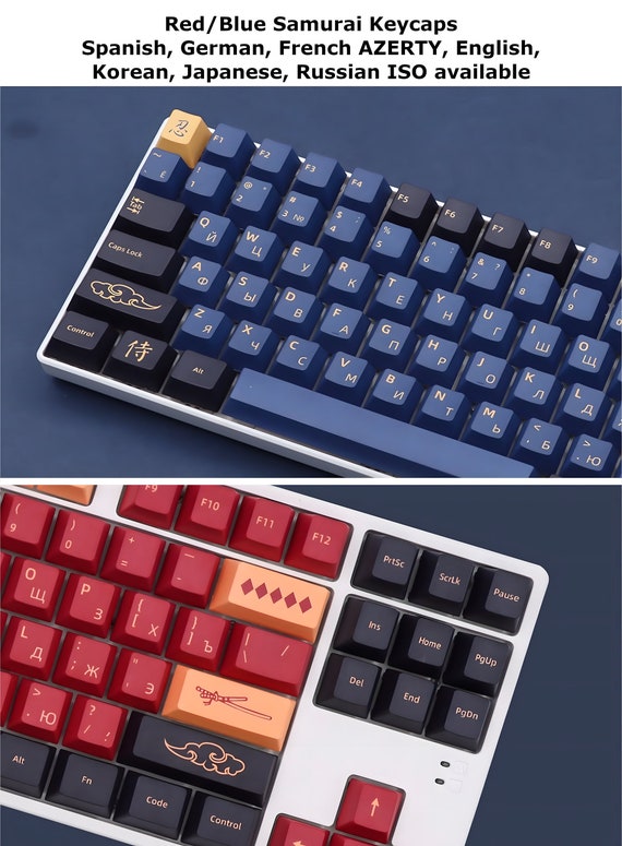 Blue/red Samurai Keycaps, Spanish Japanese Korean German Russian French,  ISO AZERTY, Cherry Profile PBT for Mechanical Keyboard 