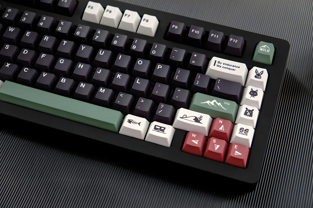 Camping Keycaps Set 129pc, Forest Compass Nature, Black and White