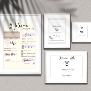 Puede incluir: Cuatro carteles enmarcados en blanco con información para los huéspedes que se alojan en una propiedad de alquiler. Los carteles incluyen un cartel de bienvenida con información sobre wifi, normas de la casa y datos de contacto, un cartel de prohibición de fumar, un cartel de wifi y un cartel que dice "Únete a nuestro wifi".