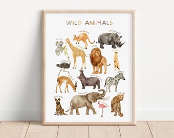 Cartel de animales salvajes, decoración de pared para niños, impresión educativa, impresiones de aprendizaje de sala de juegos, decoración de escuela en el hogar, decoración de guardería Safari, descarga digital