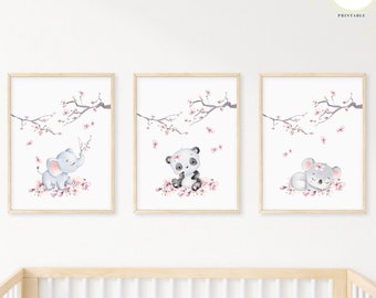 Nursery wall art animals, gray nursery, gender neutral nursery, Pink roses, baby room decor, panda, elephant, koala,animal, Digital Download
